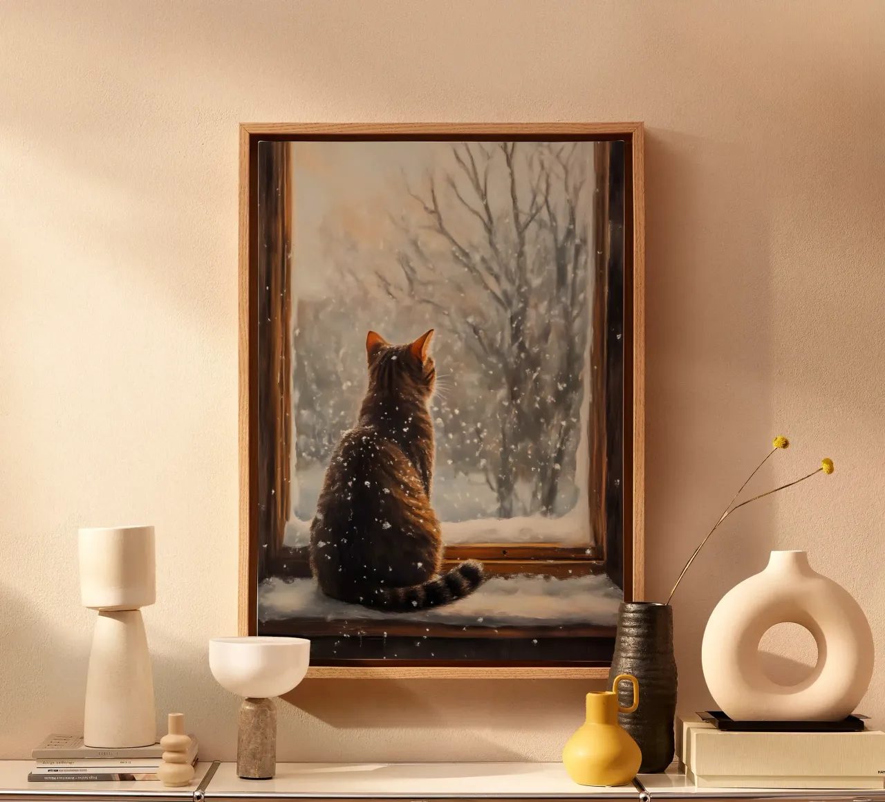 Knusse Katten Venster Sneeuwval Kunstdruk - Winter Esthetiek canvas met Baklijst van ClubArt