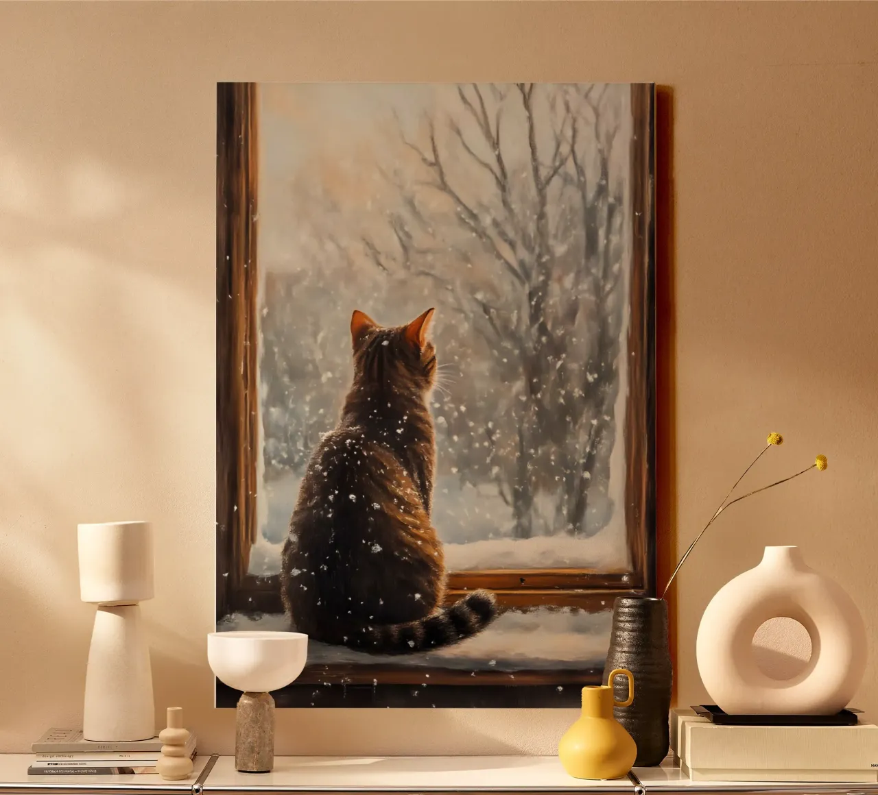 Knusse Katten Venster Sneeuwval Kunstdruk - Winter Esthetiek canvas met Baklijst van ClubArt
