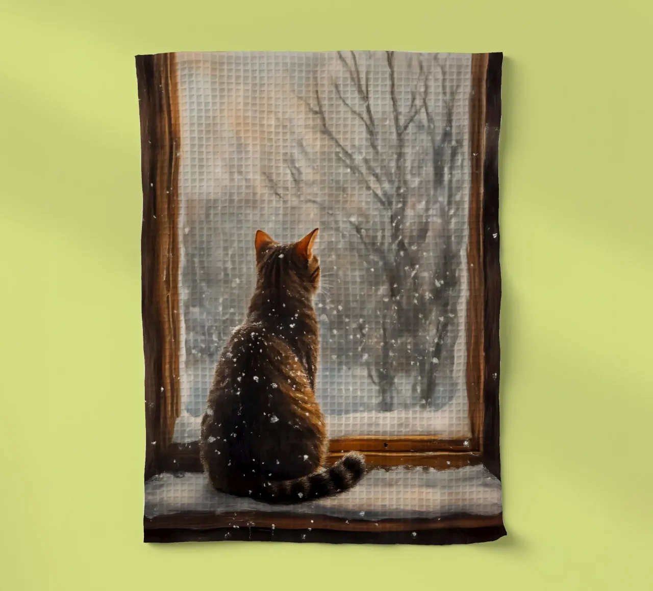 Cozy Cat Window Snowfall Art Print - Winter Aesthetic tea towel by ClubArt
