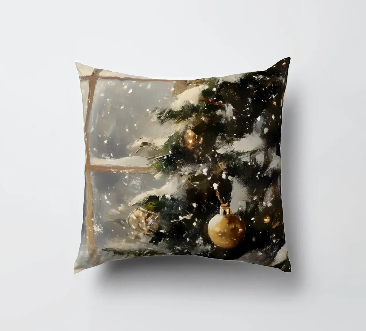 Cozy Christmas Tree Window View - Snowy Holiday Art decorative cushion by ClubArt