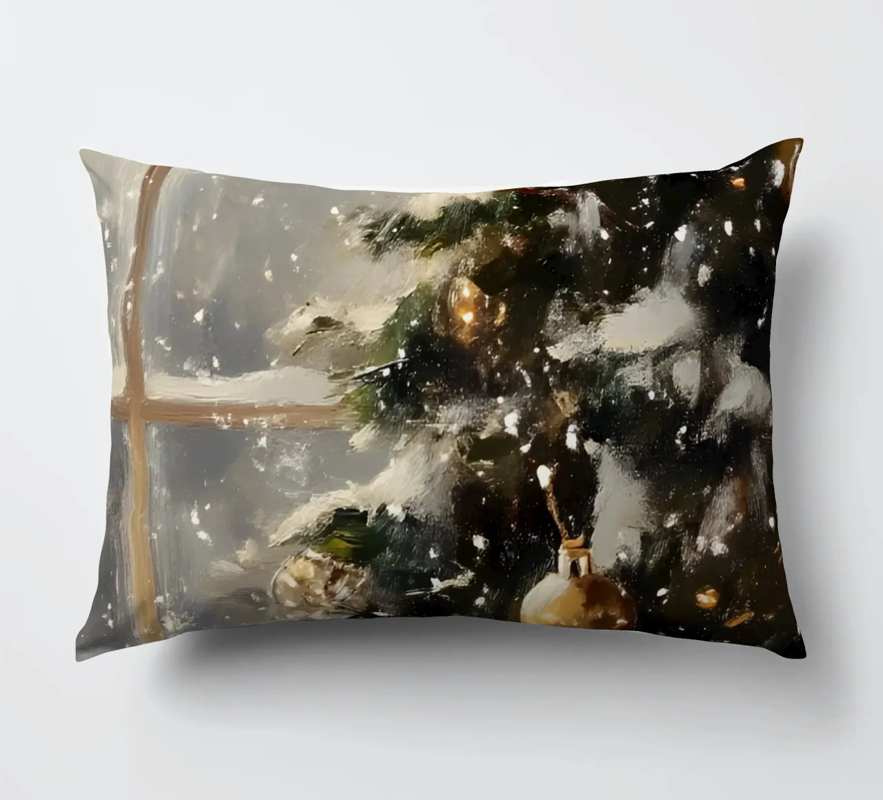 Cozy Christmas Tree Window View - Snowy Holiday Art decorative cushion by ClubArt
