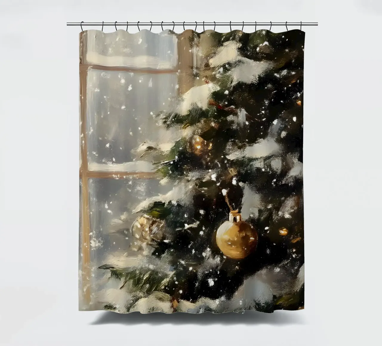 Cozy Christmas Tree Window View - Snowy Holiday Art shower curtain by ClubArt