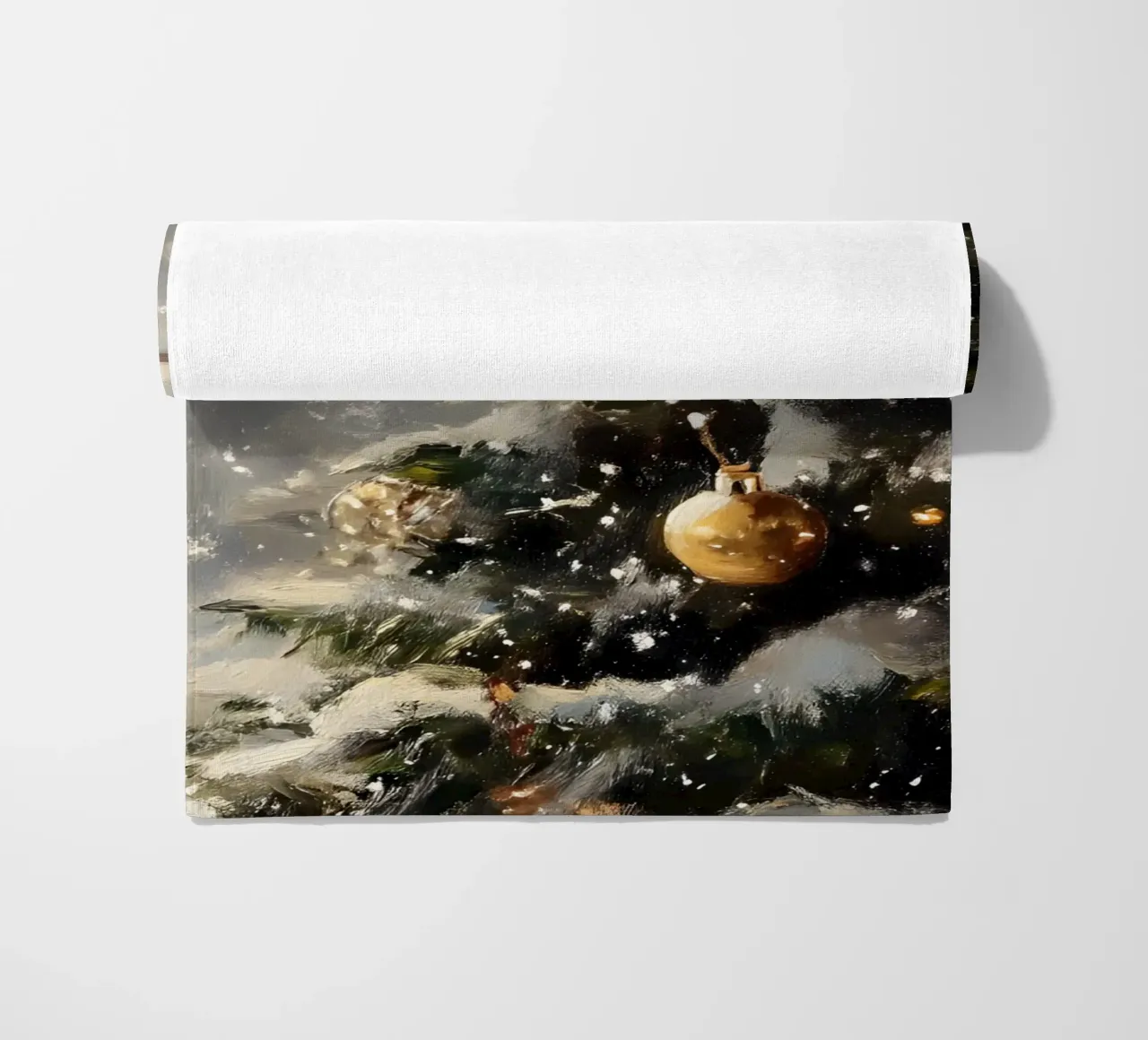 Cozy Christmas Tree Window View - Snowy Holiday Art beach towel by ClubArt