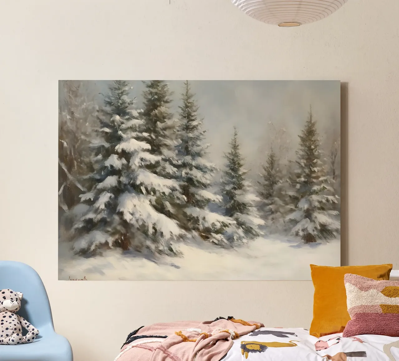 Kunstdruk van met sneeuw bedekt dennenbos - Sereen winterbos canvas met Baklijst van ClubArt