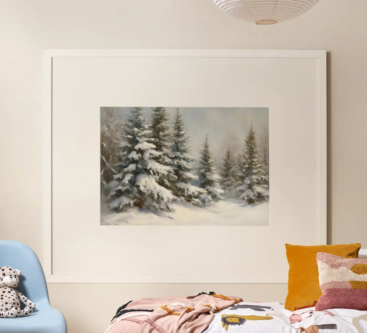 Kunstdruk van met sneeuw bedekt dennenbos - Sereen winterbos poster van ClubArt
