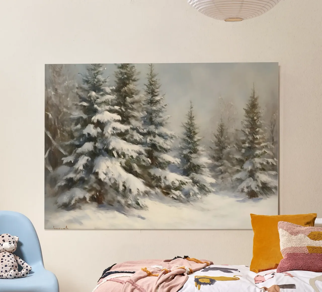 Kunstdruk van met sneeuw bedekt dennenbos - Sereen winterbos poster van ClubArt
