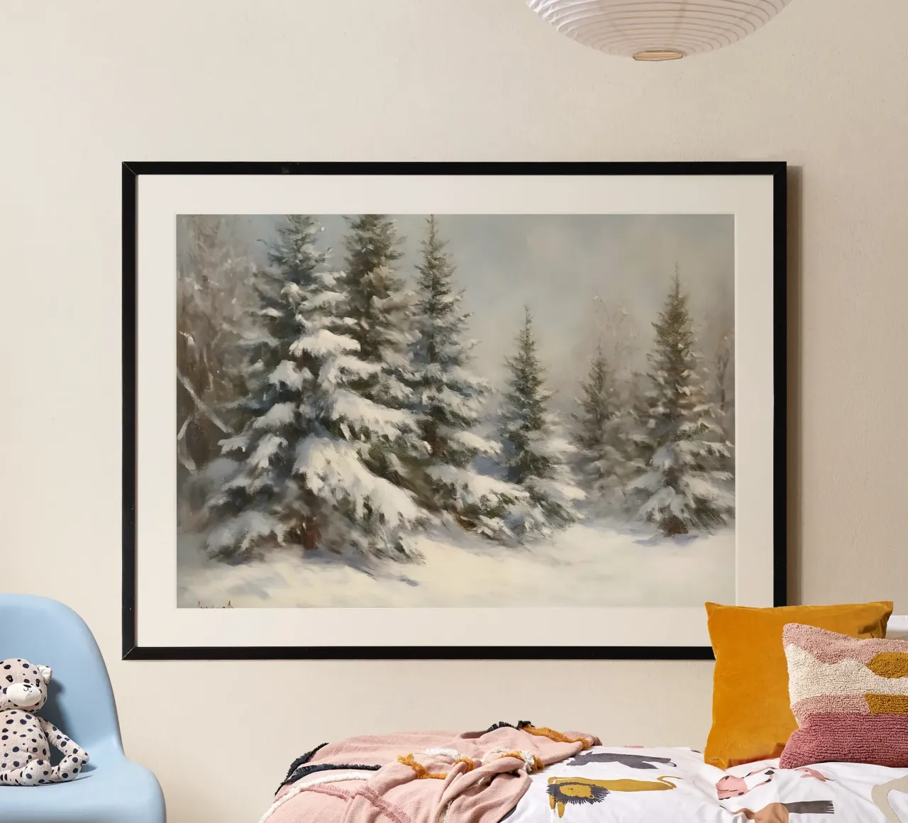 Kunstdruk van met sneeuw bedekt dennenbos - Sereen winterbos poster van ClubArt