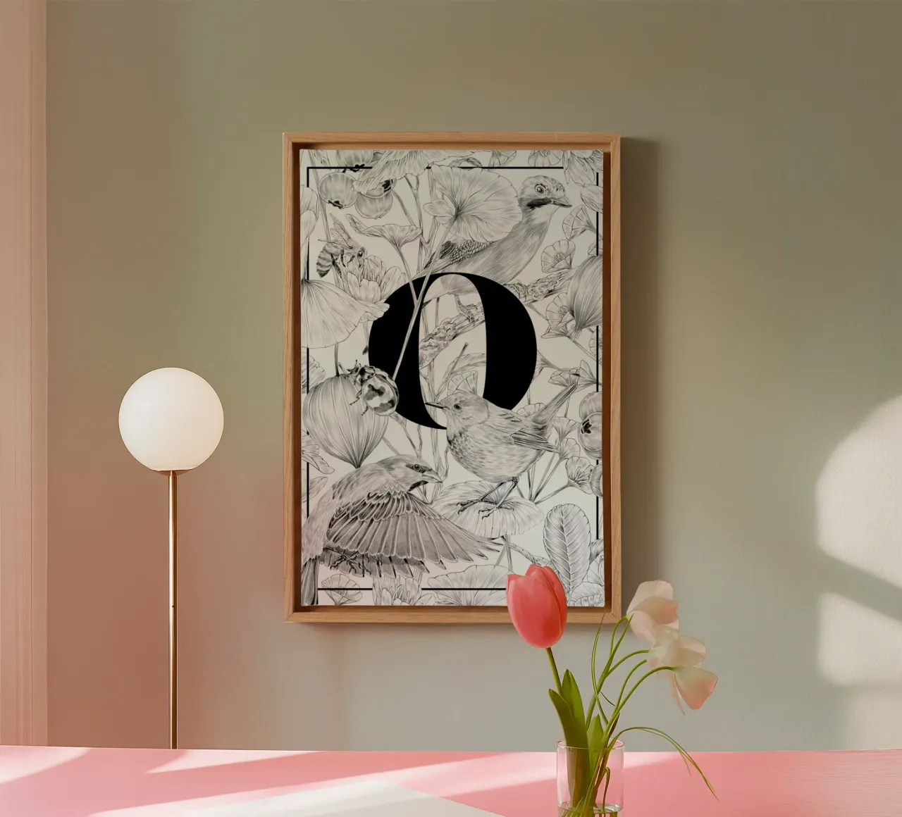 Floral Alphabet O canvas with Floater frame by Faunesque