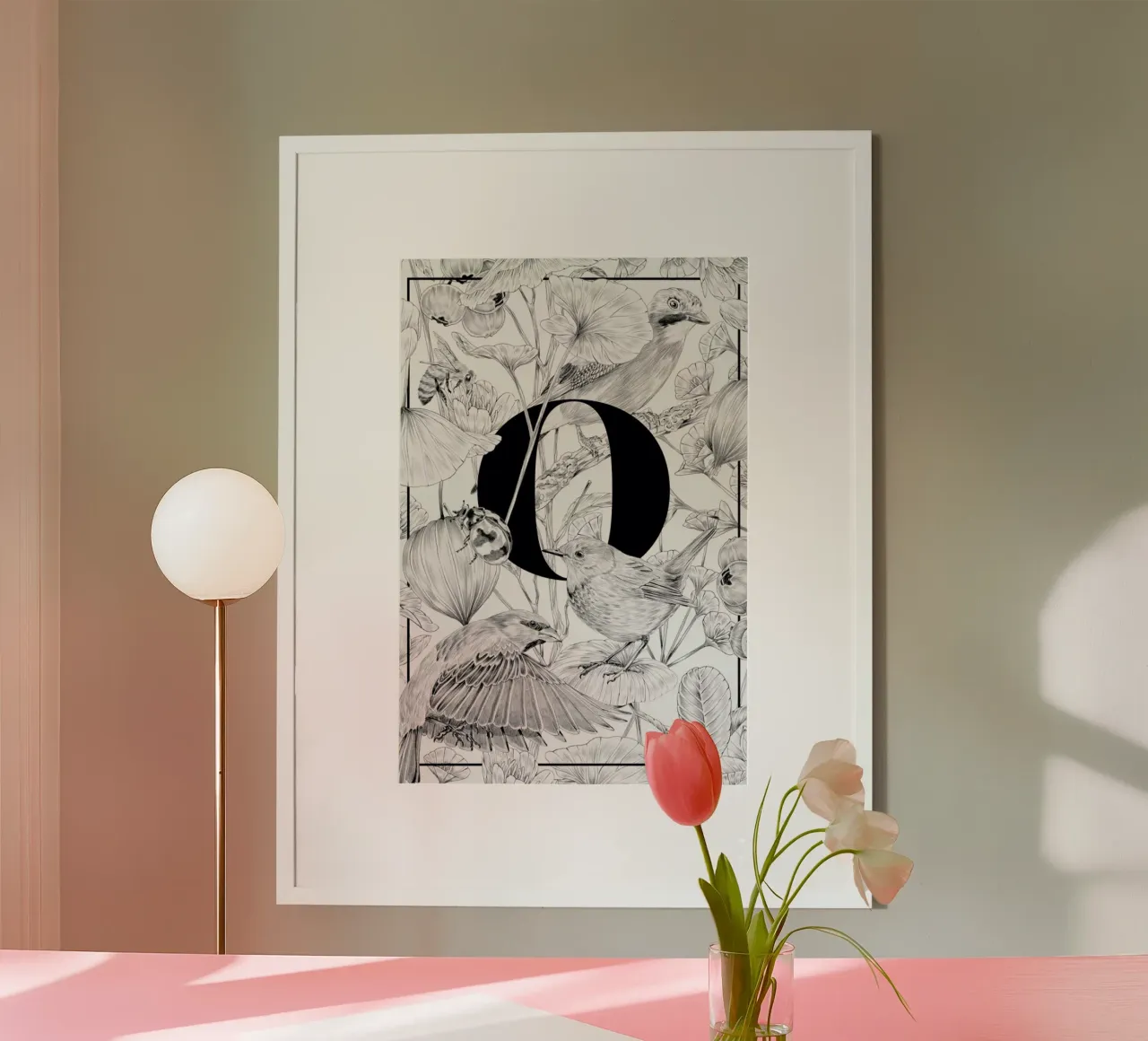 Floral Alphabet O poster avec cadre en aluminium de Faunesque