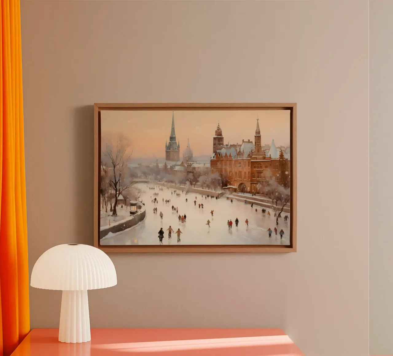 Scena di pattinaggio sul ghiaccio in città d'inverno - Stampa d'arte su città europee tela con Cornice a cassetta da ClubArt