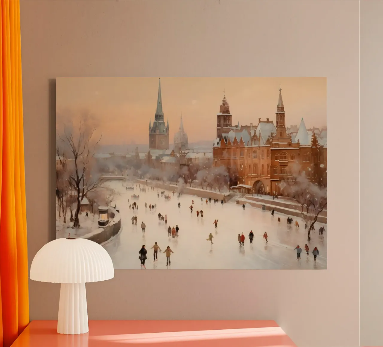 Scena di pattinaggio sul ghiaccio in città d'inverno - Stampa d'arte su città europee tela con Cornice a cassetta da ClubArt