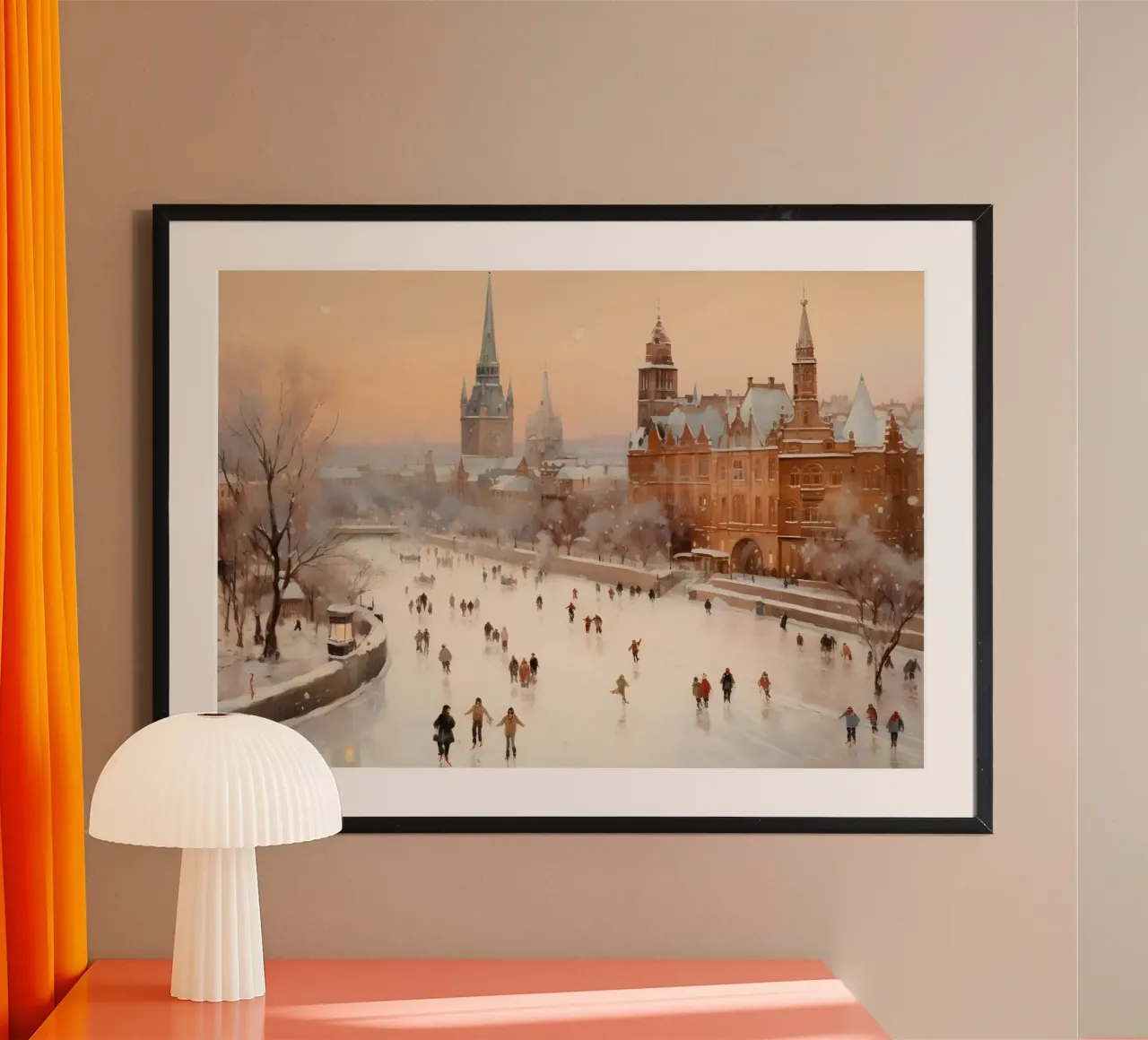 Scena di pattinaggio sul ghiaccio in città d'inverno - Stampa d'arte su città europee poster con telaio in alluminio da ClubArt