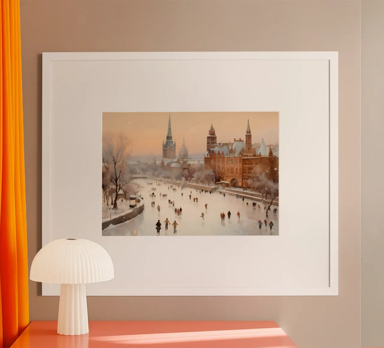 Scena di pattinaggio sul ghiaccio in città d'inverno - Stampa d'arte su città europee poster con telaio in alluminio da ClubArt