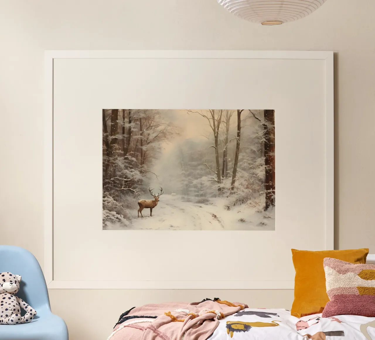Impression d'art sur le cerf majestueux de la forêt d'hiver - faune et flore enneigées poster de ClubArt