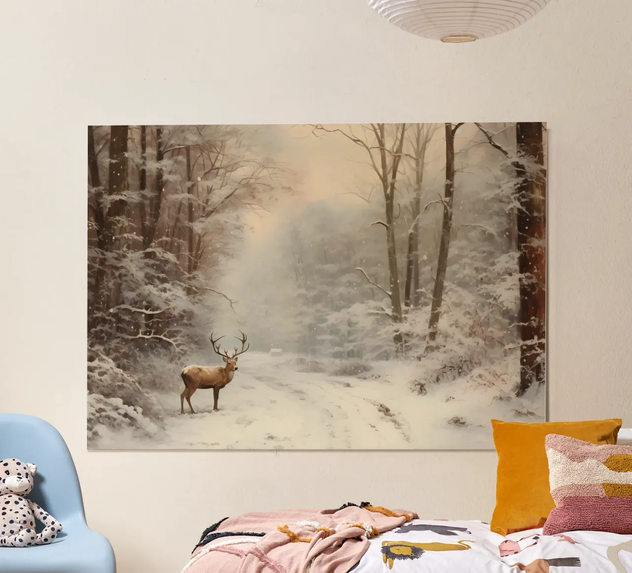 Impression d'art sur le cerf majestueux de la forêt d'hiver - faune et flore enneigées poster de ClubArt