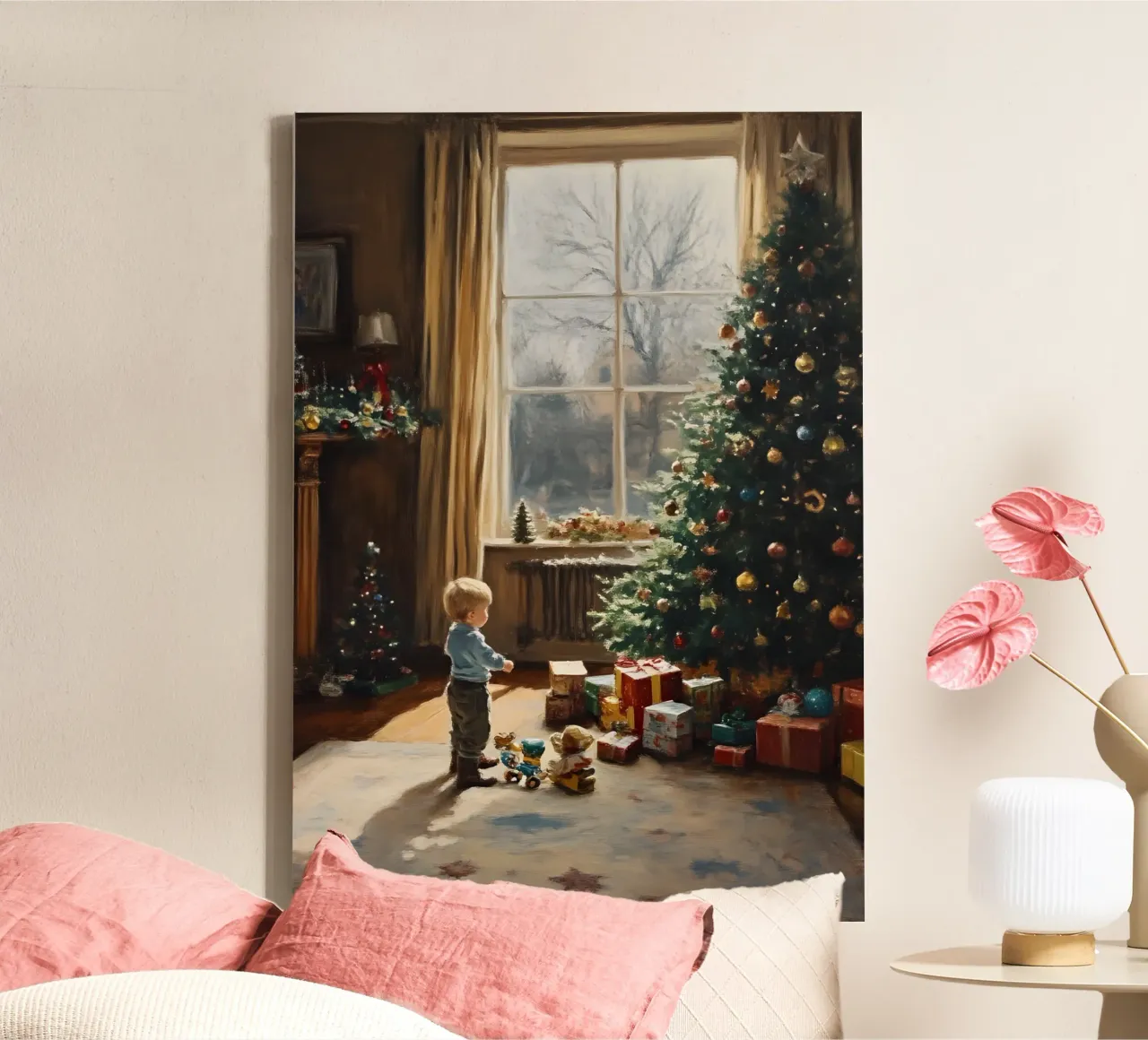 Gezellige Kerstochtend Kinderkunst - Huiselijke Scène canvas met Baklijst van ClubArt