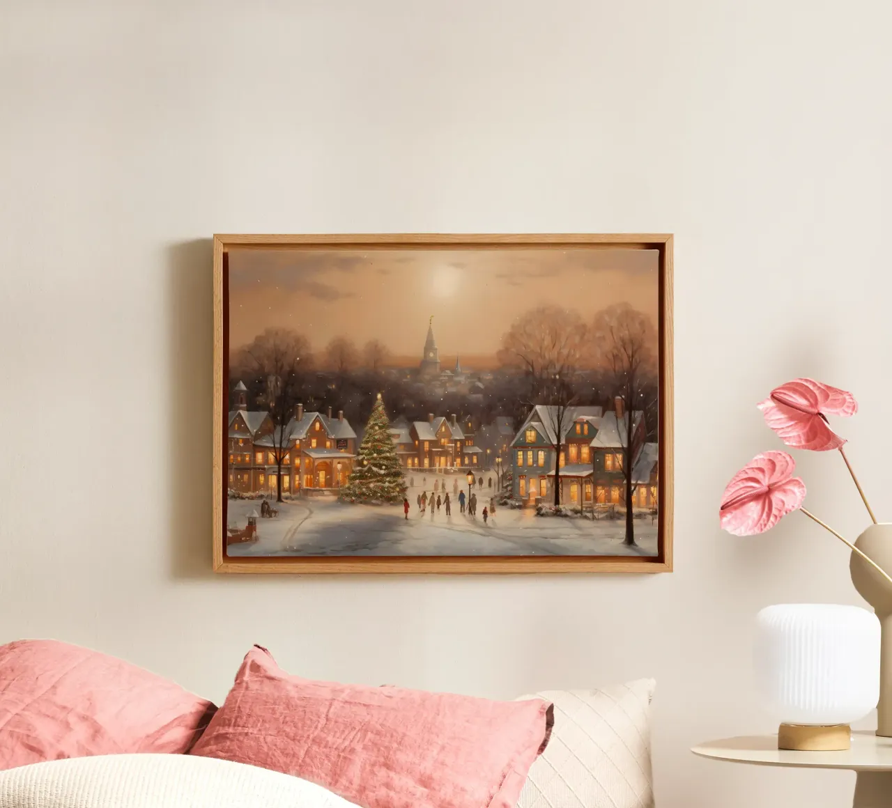 Gezellige kerstdorp kunstdruk - besneeuwd stadsgezicht canvas met Baklijst van ClubArt