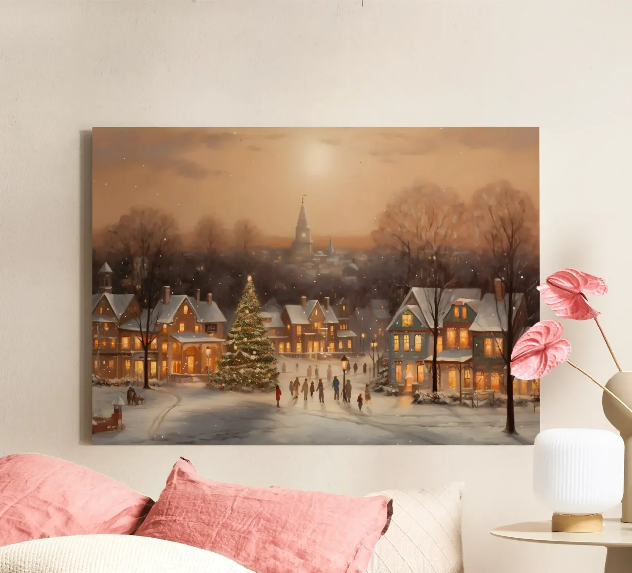 Gezellige kerstdorp kunstdruk - besneeuwd stadsgezicht canvas met Baklijst van ClubArt