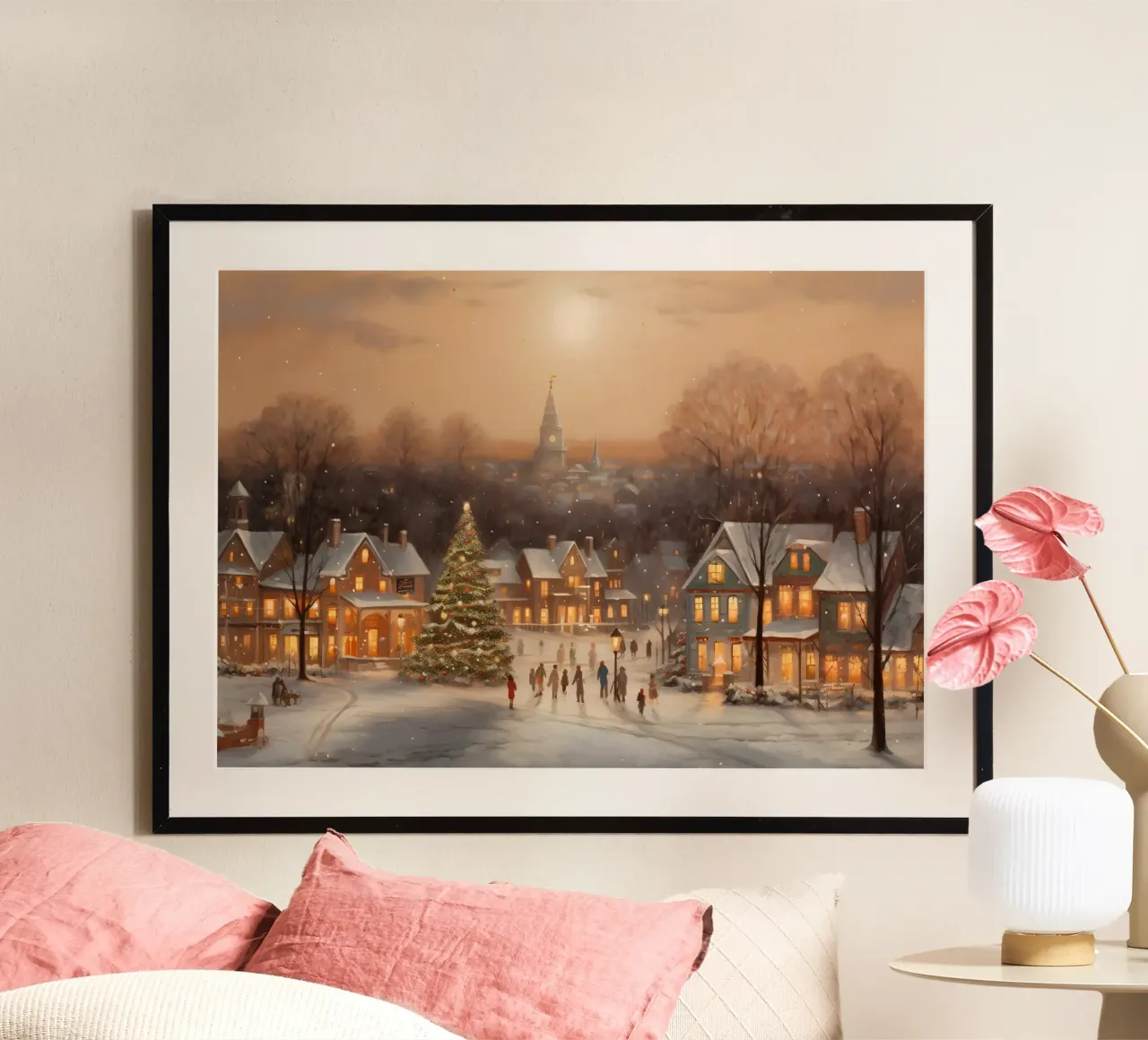 Gezellige kerstdorp kunstdruk - besneeuwd stadsgezicht poster van ClubArt