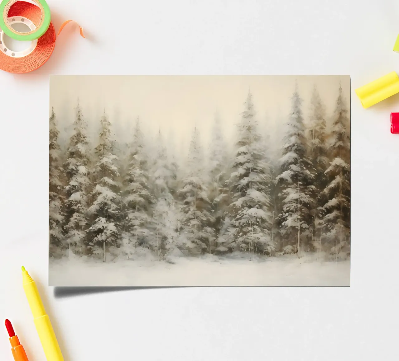 Neblig verschneiter Kiefernwald Kunstdruck - Ätherische Winterszenen Stickerbogen von ClubArt