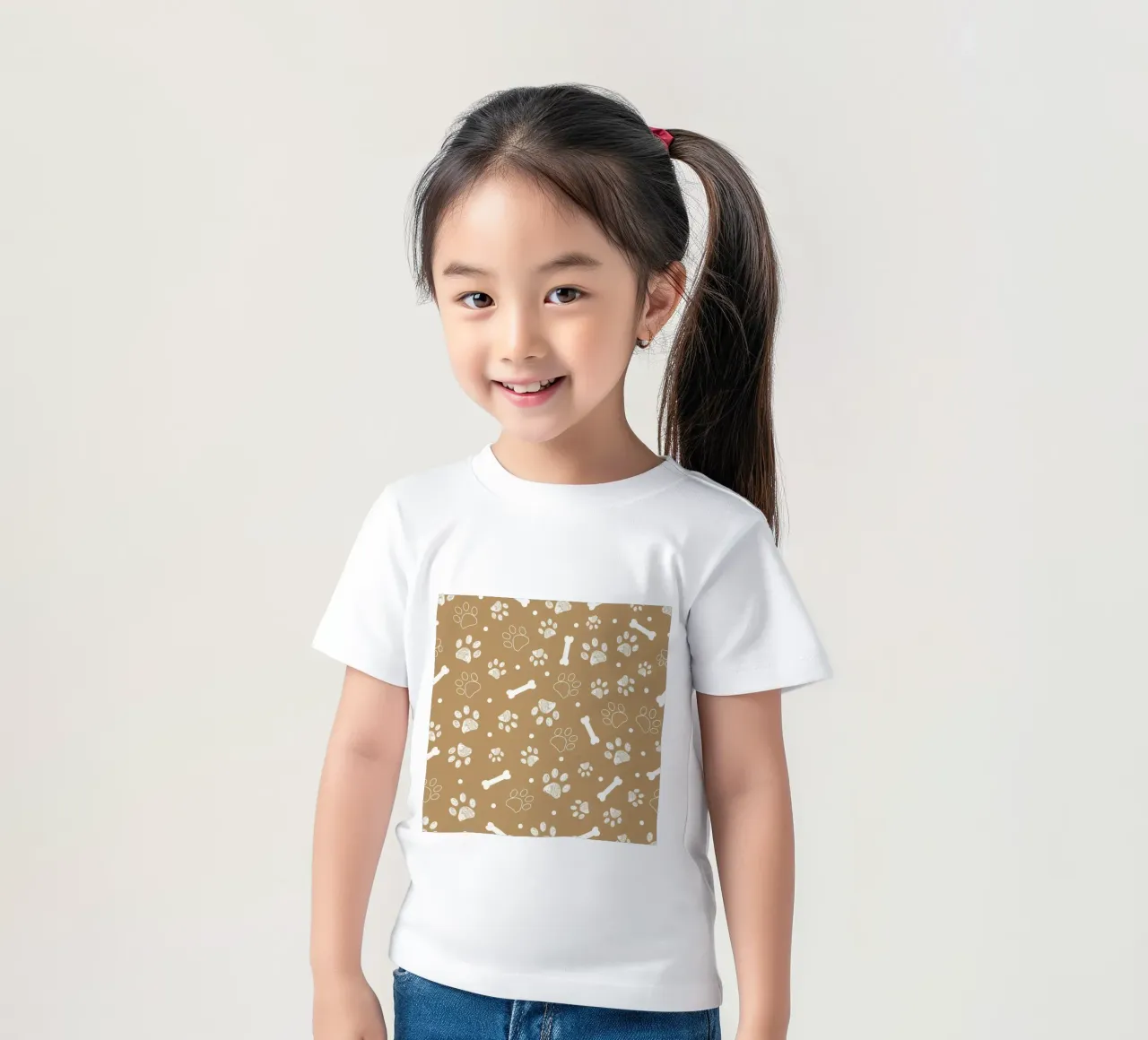 Sfondo marrone chiaro con zampa e ossa bianche t-shirt bambini da gulsengunel