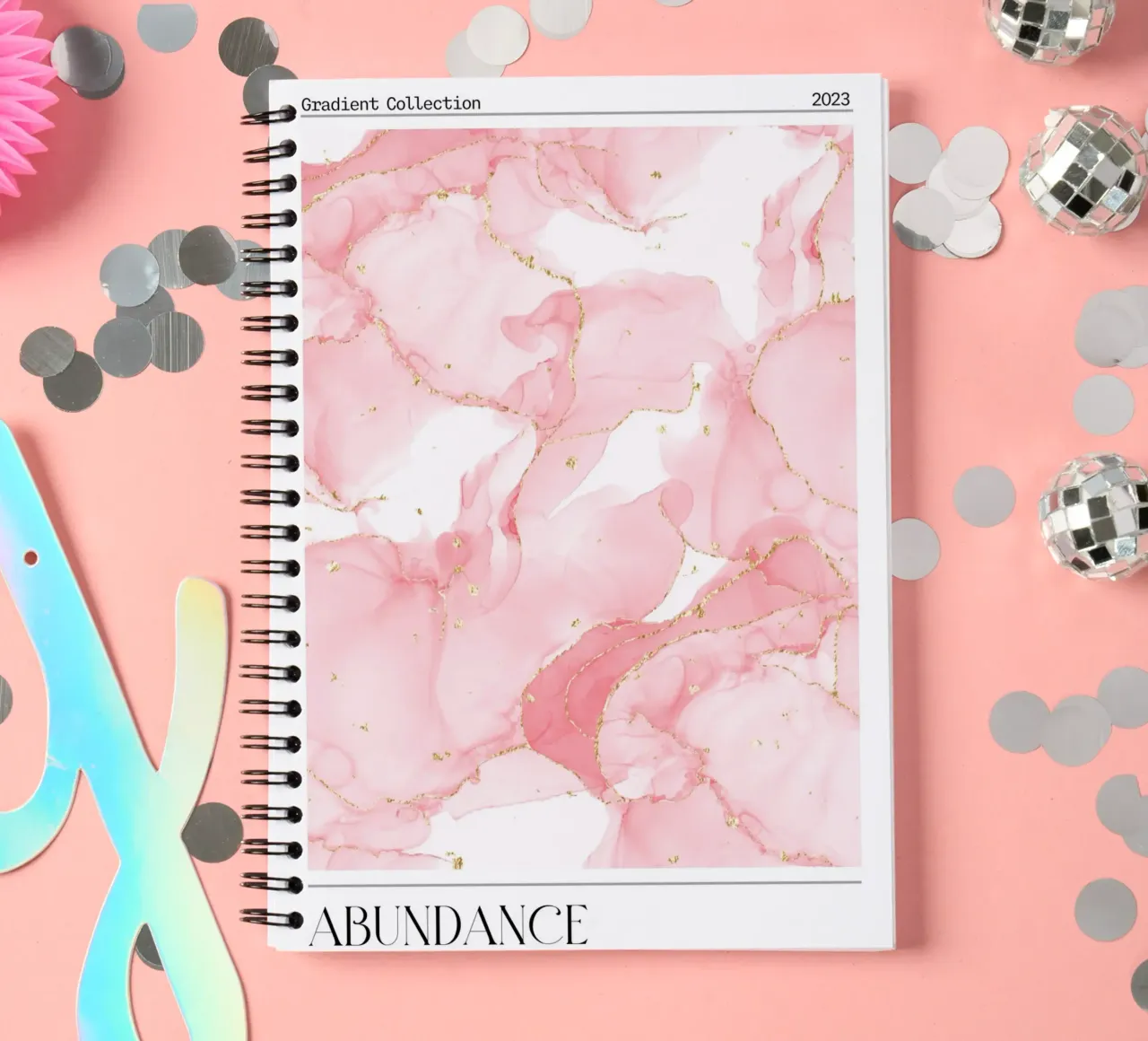 "Abundance" Pink Marble Gold Abstract Art Print 2023 spiral notebook by homdeco
