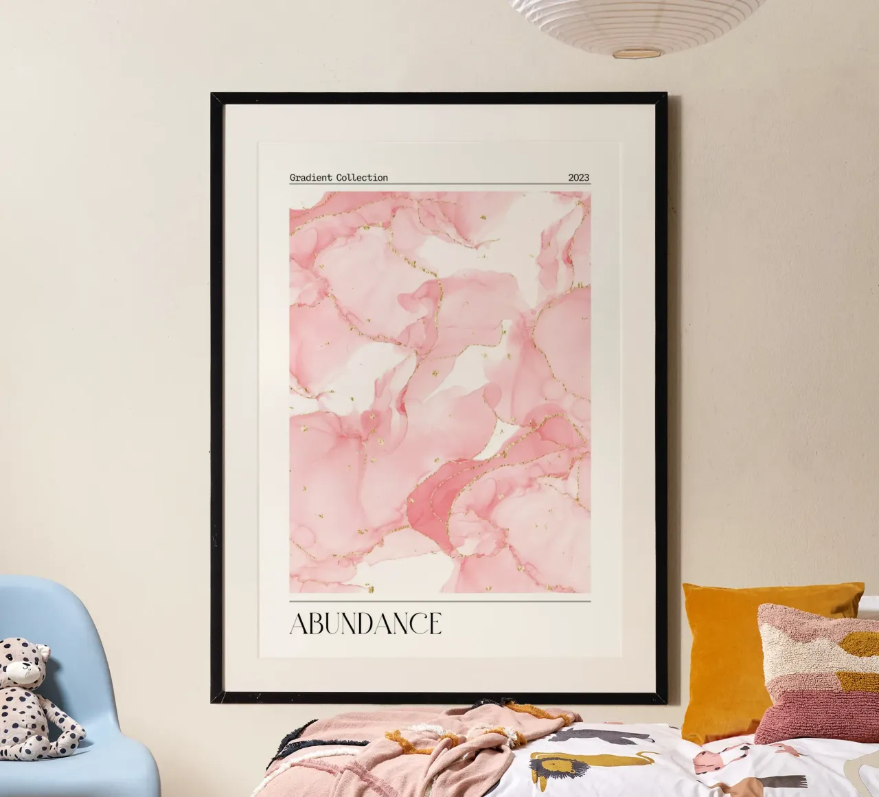 "Overvloed" Roze Marmer Goud Abstracte Kunstdruk 2023 poster met aluminium frame van homdeco
