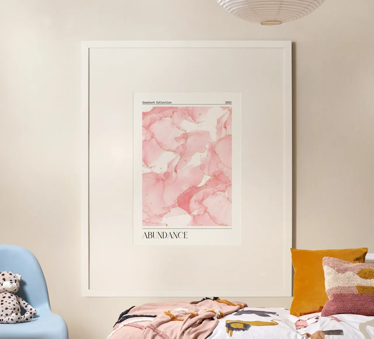 "Overvloed" Roze Marmer Goud Abstracte Kunstdruk 2023 poster met aluminium frame van homdeco