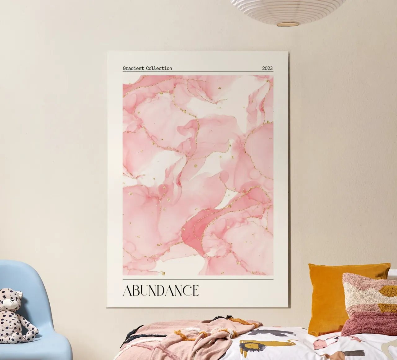 "Overvloed" Roze Marmer Goud Abstracte Kunstdruk 2023 poster met aluminium frame van homdeco