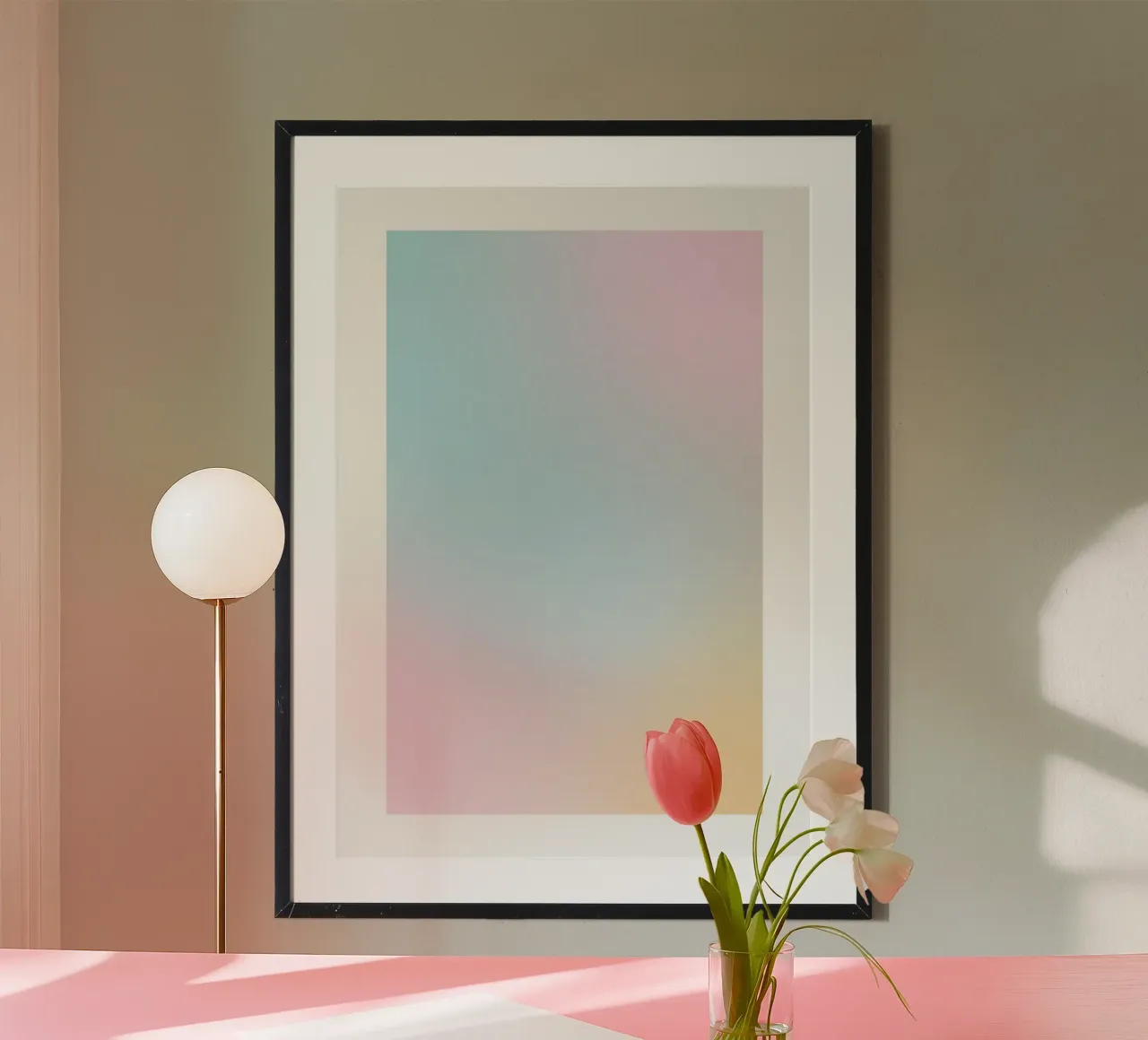 Pastel Aura Blauw Roze Geel Kleurverloop Abstracte Kunst poster met aluminium frame van homdeco