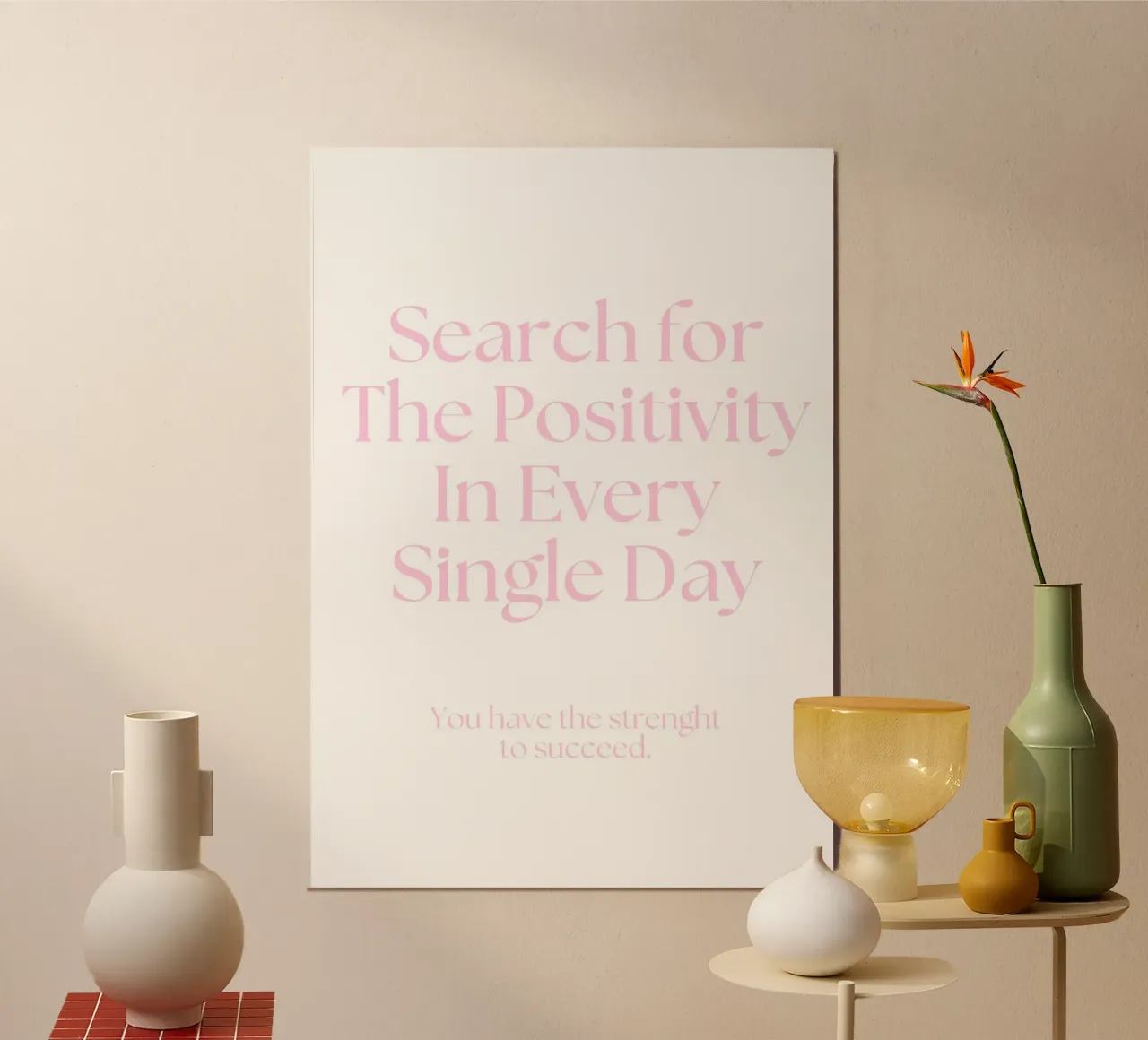 "Zoek naar Positiviteit" Empowerende Quote Roze Print poster met kunststof frame van homdeco
