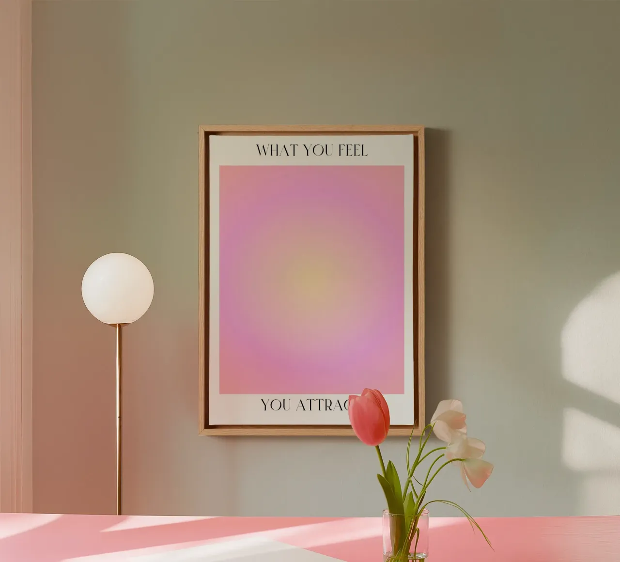 "Lo que sientes" Ley de la atracción Rosa Amarillo Aura Arte lienzo con Marco flotante de homdeco