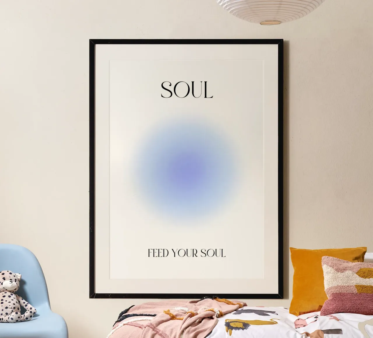 Arte Espiritual "Alimenta tu Alma" Sereno Gradiente de Aura Azul poster con marco de madera de homdeco