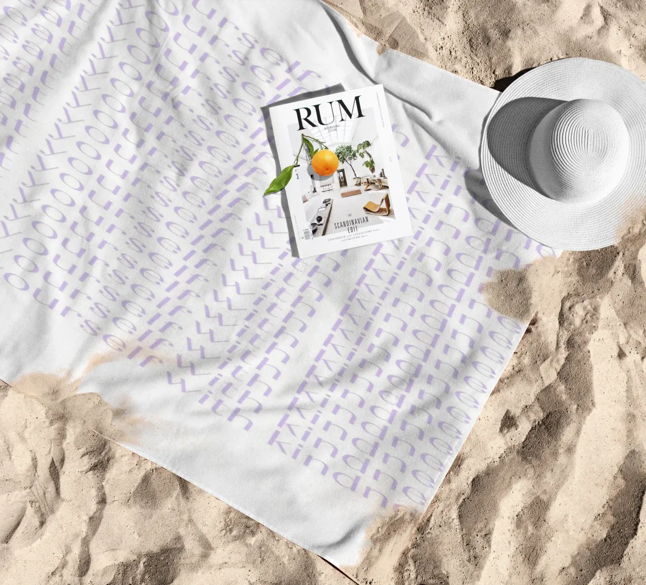 "Treat Yourself with Kindness" Lavender Repeating Print beach towel by homdeco