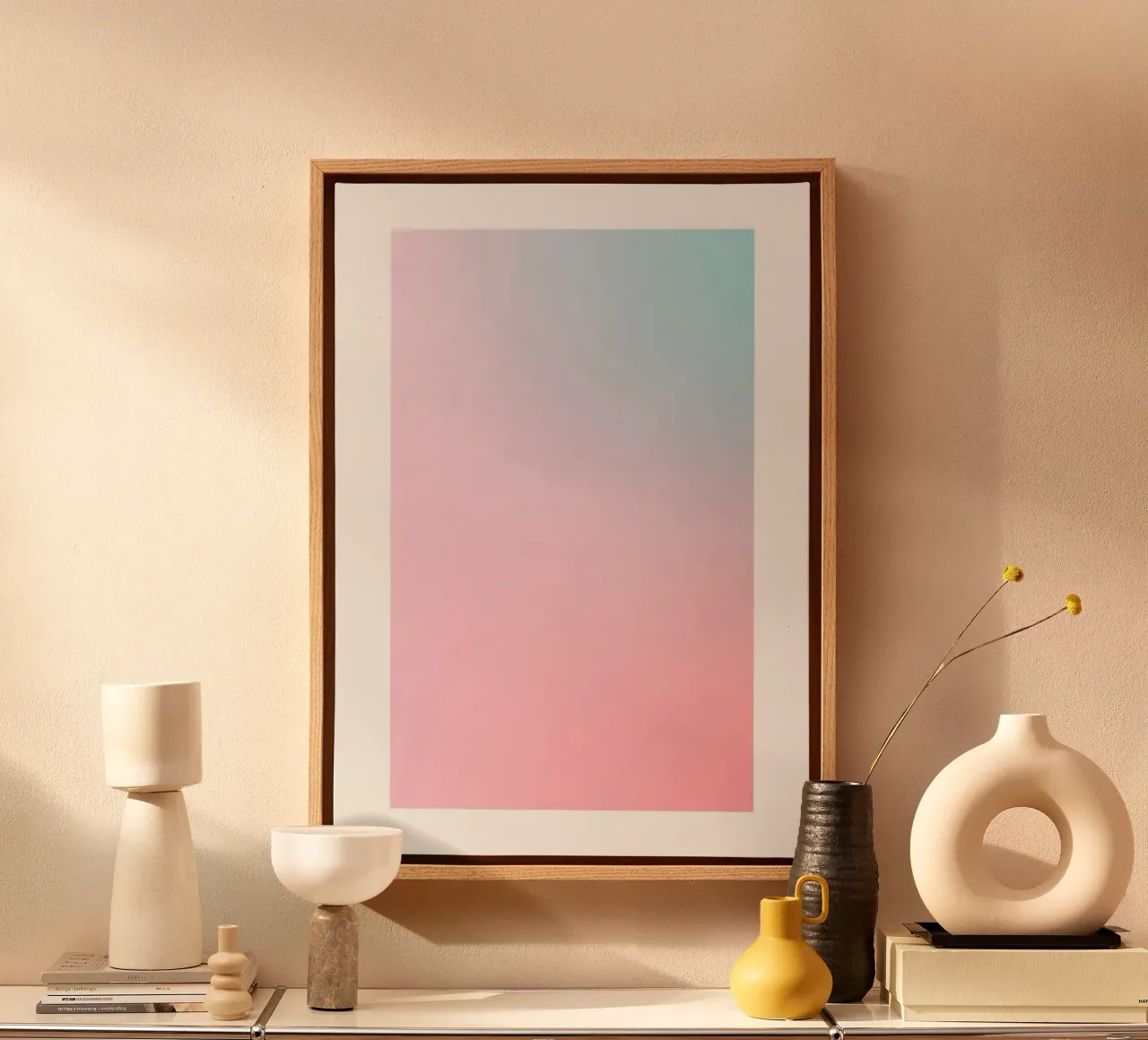 Pastel Zonsondergang Blauw Roze Gradiënt Abstracte Muurkunst Print canvas met Baklijst van homdeco