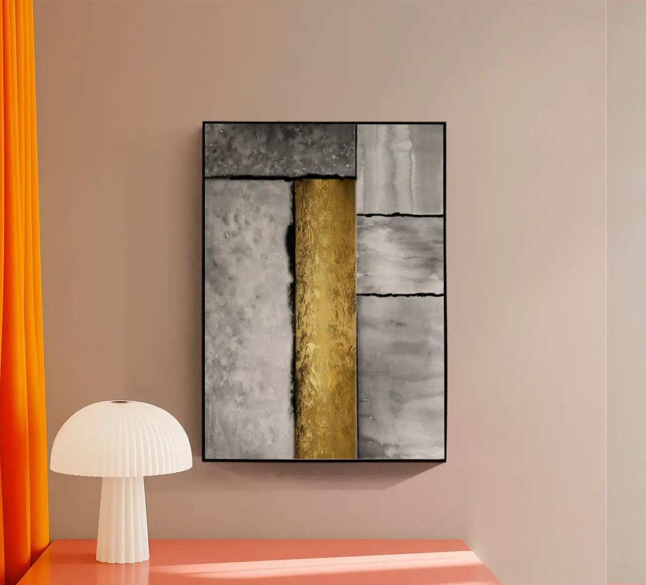 Gray abstract art a golden rectangle plexiglass da vintageshop