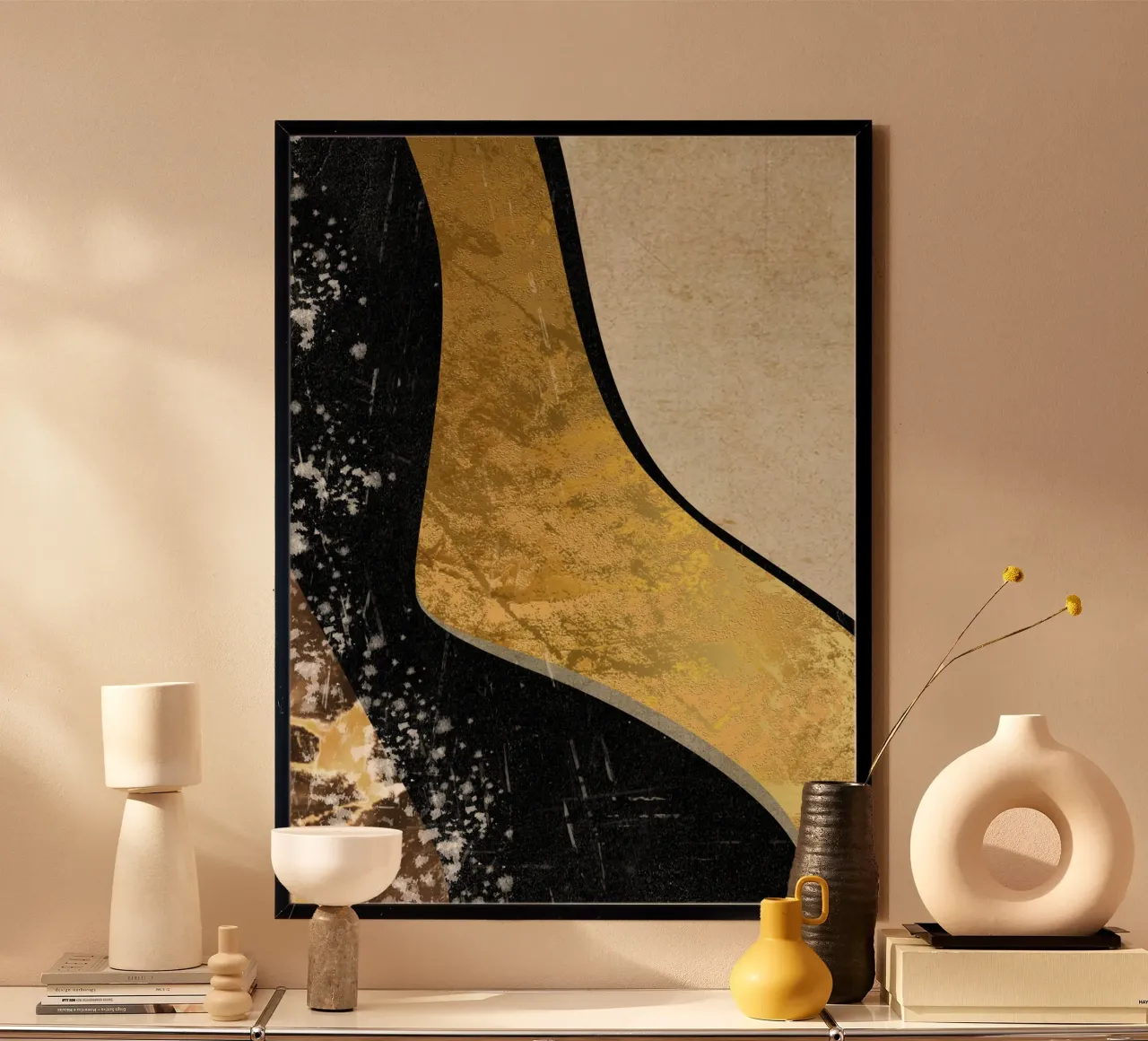 Abstract art black with gold and beige in waves carta hahnemühle da vintageshop