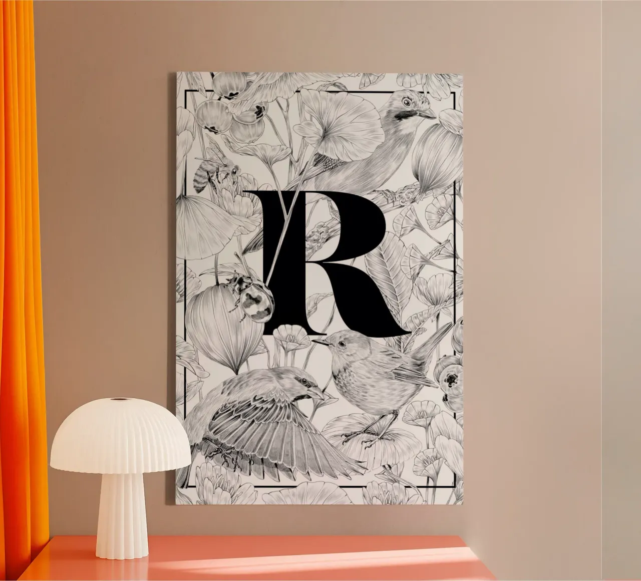 Floral Alphabet R canvas met Baklijst van Faunesque
