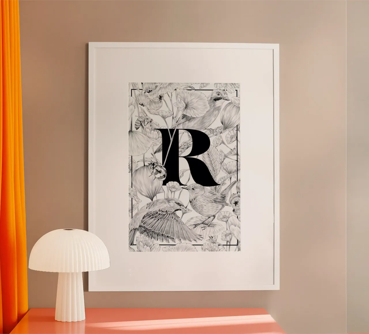 Floral Alphabet R poster with wooden frame by Faunesque