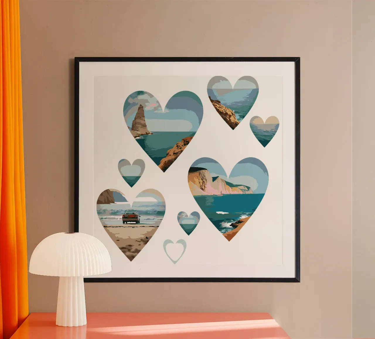 Paesaggi del cuore costiero - Design di scenari da spiaggia con amore per l'oceano poster con telaio in alluminio da artdesign1985