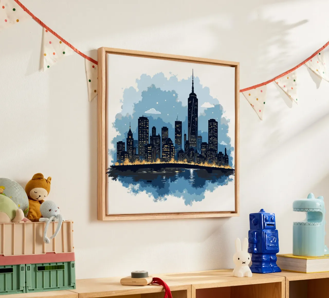 Nacht Stad Skyline Silhouet - Stedelijk Landschap Water Reflec canvas met Baklijst van artdesign1985