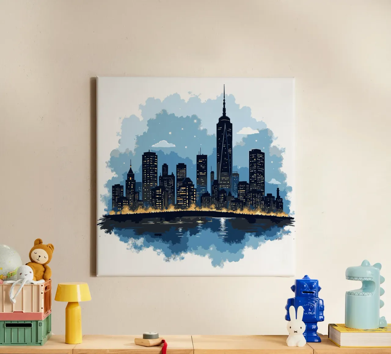 Nacht Stad Skyline Silhouet - Stedelijk Landschap Water Reflec canvas met Baklijst van artdesign1985