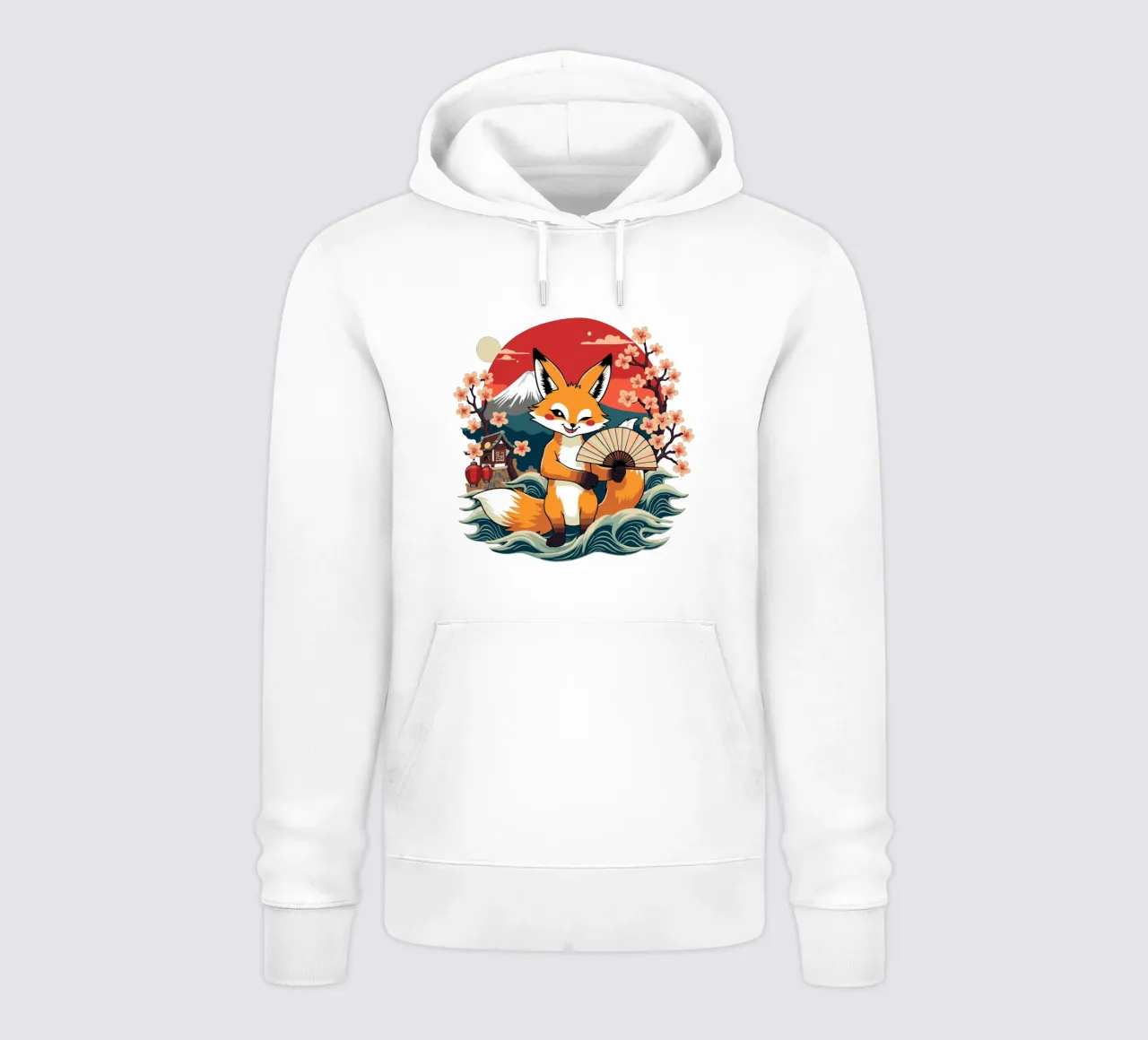 Simpatica volpe giapponese Kitsune con ventaglio - Monte Fuji e ciliegio in fiore felpa con cappuccio da artdesign1985