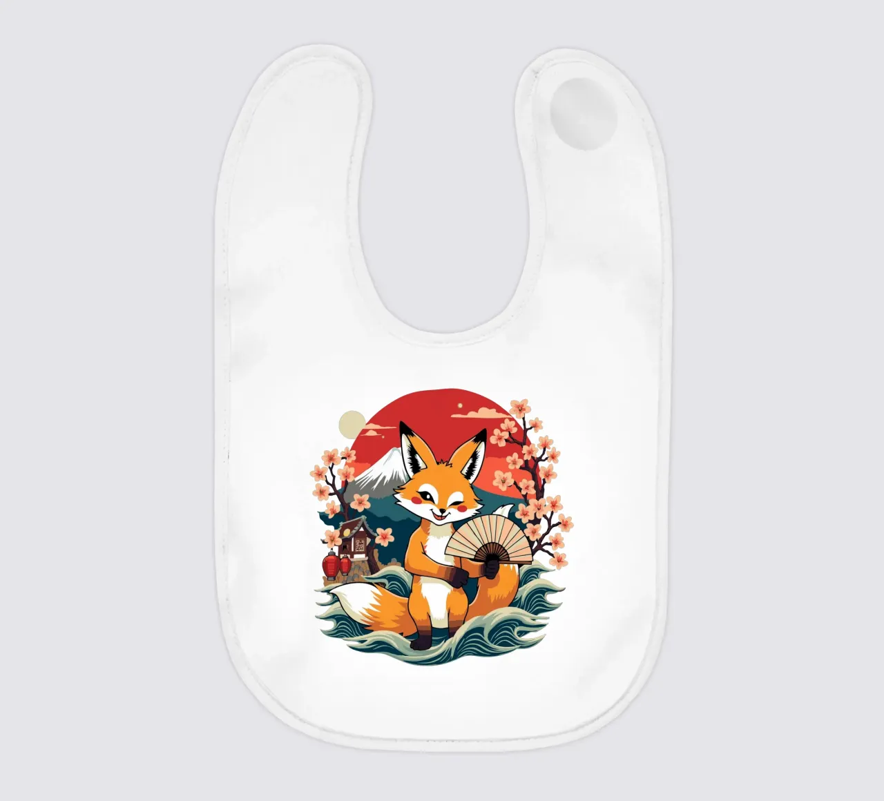 Simpatica volpe giapponese Kitsune con ventaglio - Monte Fuji e ciliegio in fiore bavaglino da artdesign1985