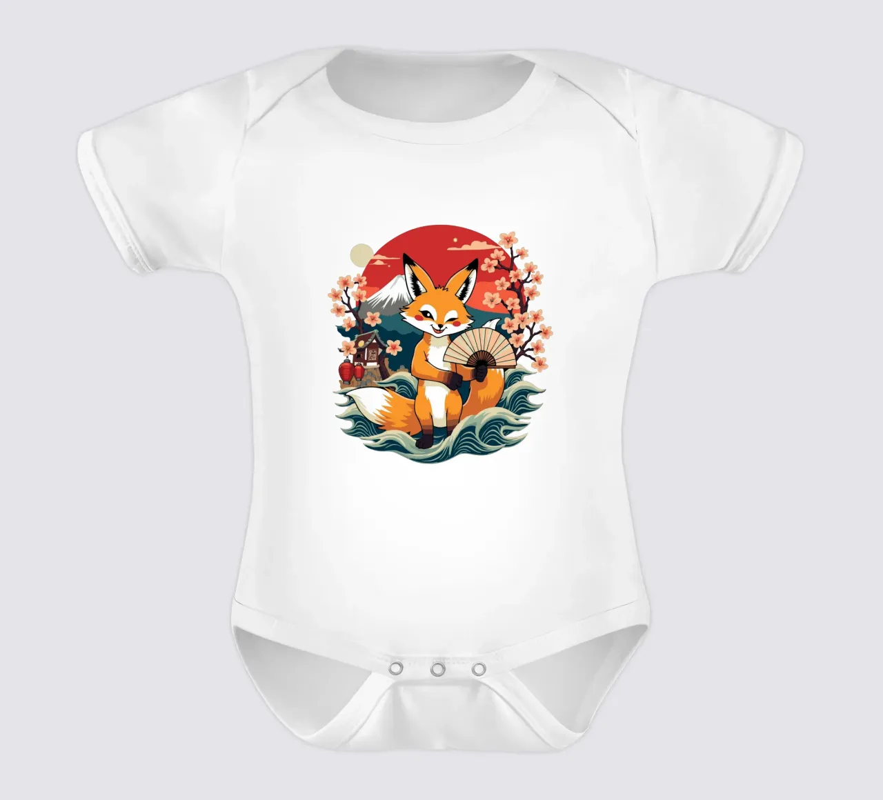 Simpatica volpe giapponese Kitsune con ventaglio - Monte Fuji e ciliegio in fiore body neonato maniche corte da artdesign1985