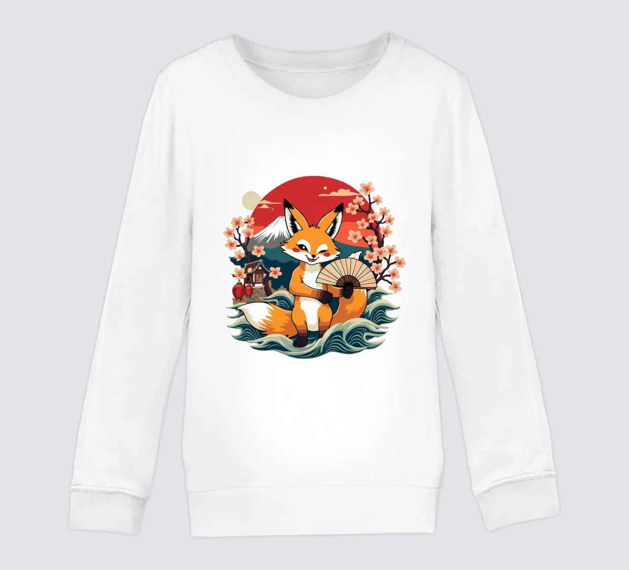 Simpatica volpe giapponese Kitsune con ventaglio - Monte Fuji e ciliegio in fiore felpa bambino da artdesign1985