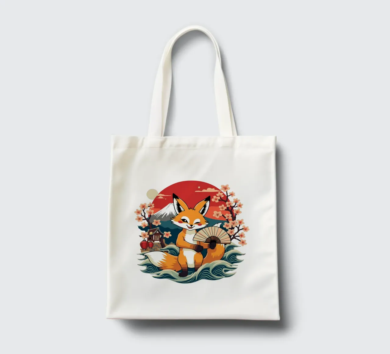 Simpatica volpe giapponese Kitsune con ventaglio - Monte Fuji e ciliegio in fiore borsa in juta da artdesign1985
