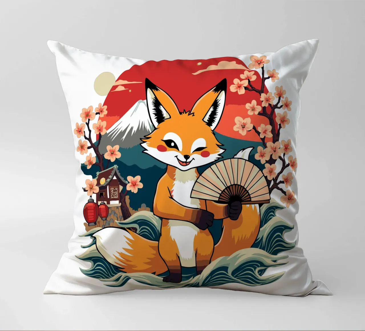 Simpatica volpe giapponese Kitsune con ventaglio - Monte Fuji e ciliegio in fiore cuscino da artdesign1985