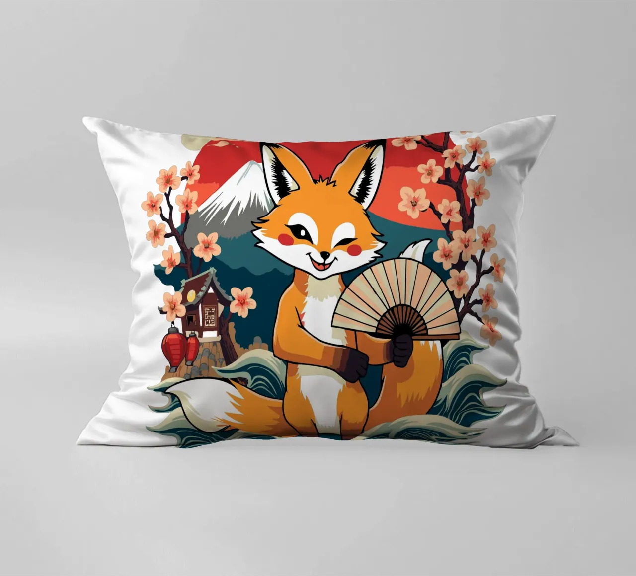 Simpatica volpe giapponese Kitsune con ventaglio - Monte Fuji e ciliegio in fiore cuscino da artdesign1985