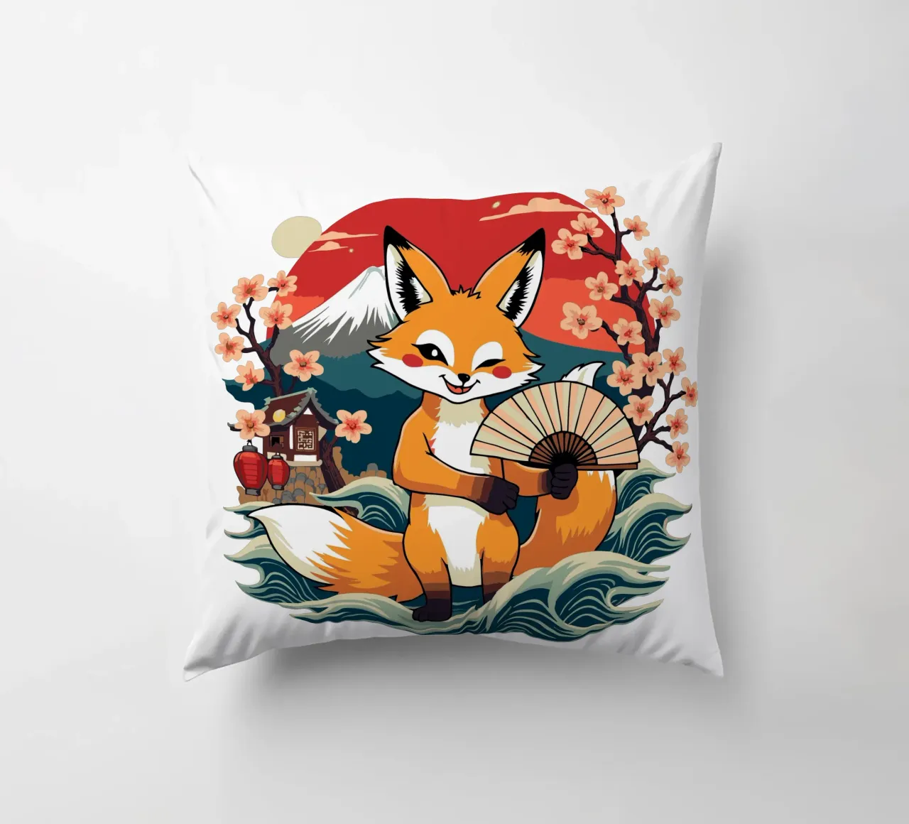 Simpatica volpe giapponese Kitsune con ventaglio - Monte Fuji e ciliegio in fiore cuscino da artdesign1985